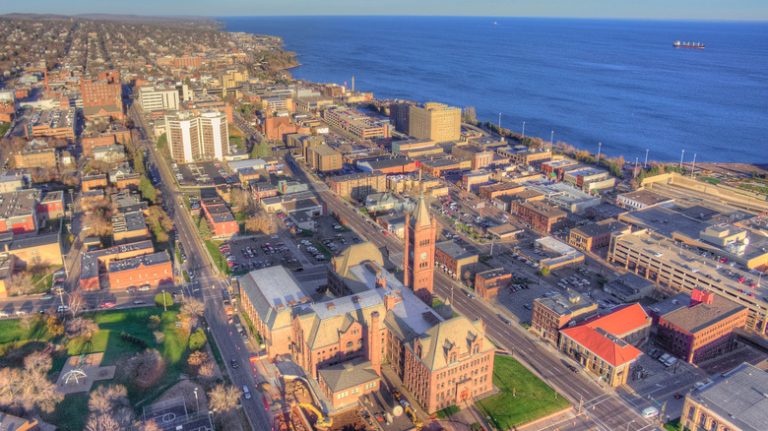 aerial view of Duluth and Lake Superior