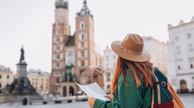 Woman backpacking in Poland