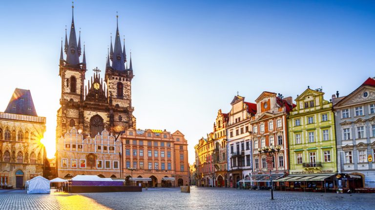 Prague square at sunrise