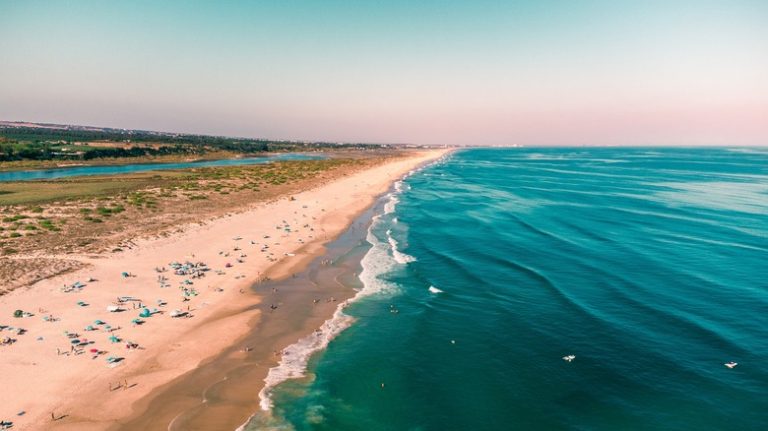 Aerial view of long coastline