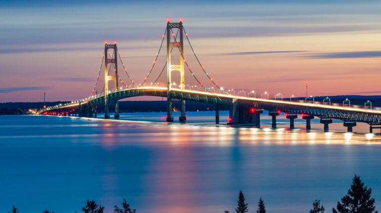 Mackinac Bridge lit up at sunset