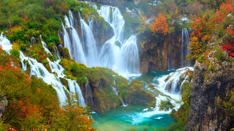 Myriad waterfalls cascading over canyon