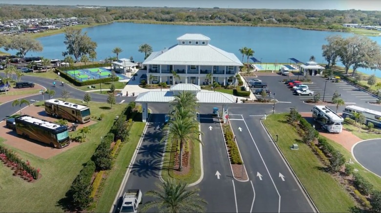 Aerial view of lakeside resort