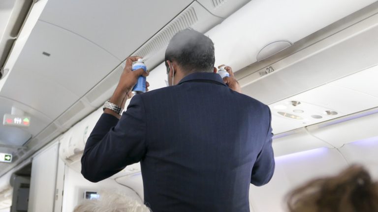 Flight attendant spraying insecticide on plane