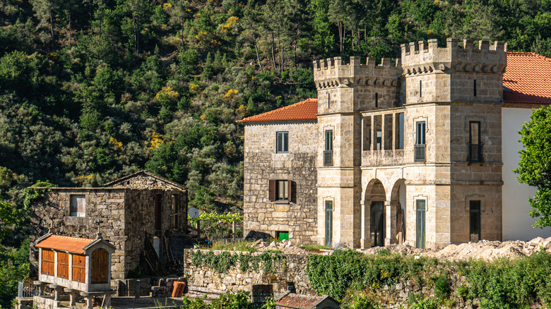 two-towered castle by mountain