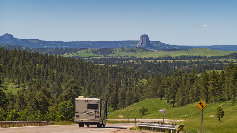 RV driving towards forest