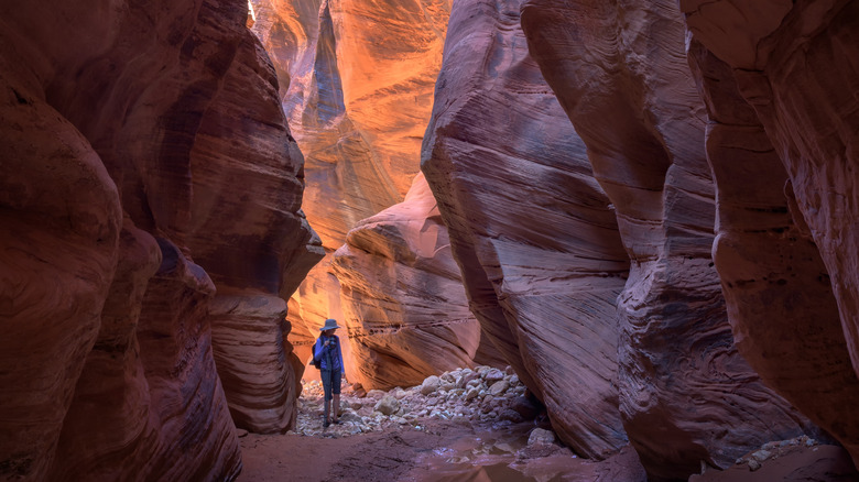 Woman hiking through Buckskin Gulch