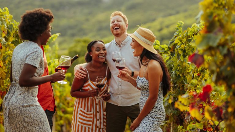 Friends drinking wine in Europe