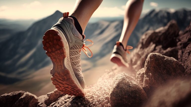 Hiking shoes walking on rocks