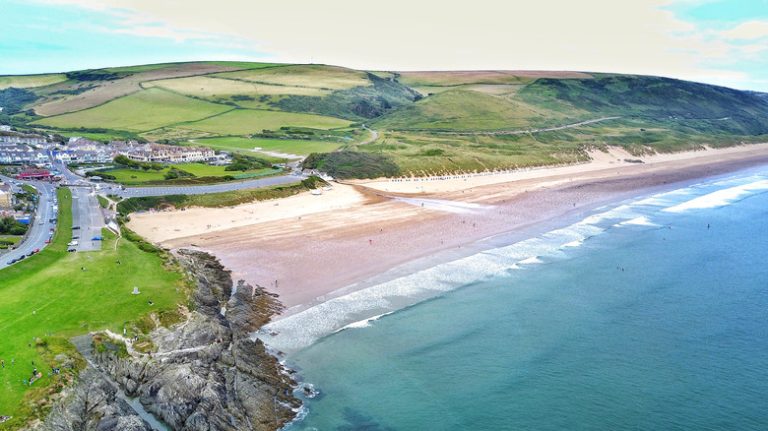 Aerial of Woolacombe Beach, UK