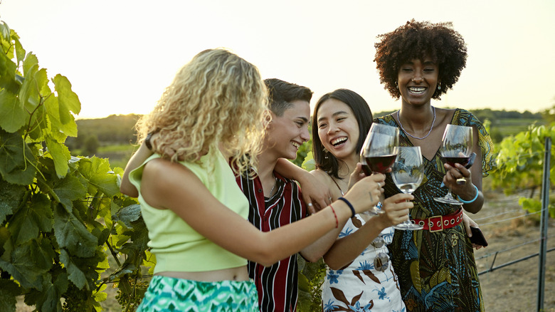 Friends winery clinking glasses