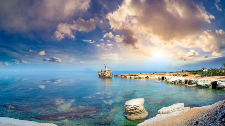 Cyprus beach with shipwreck