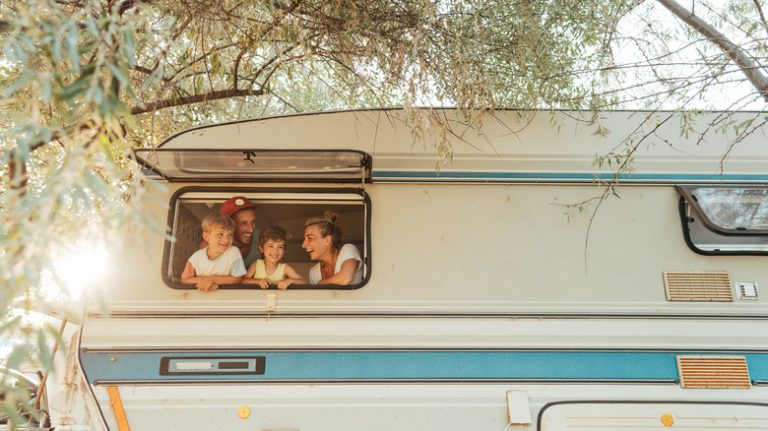 Family camping in an RV