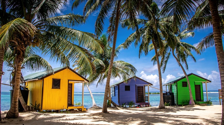 Colorful island beach shacks