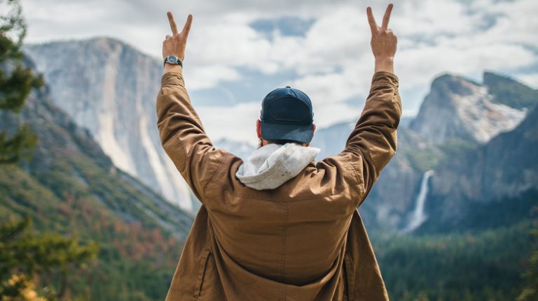 man in winter coat in Yosemite