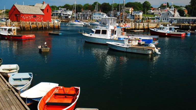 Colorful portside buildings at sunset