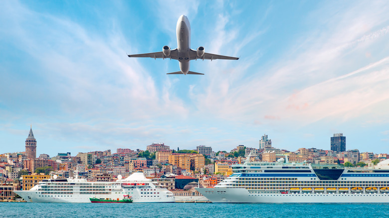 plane flying over cruise ship