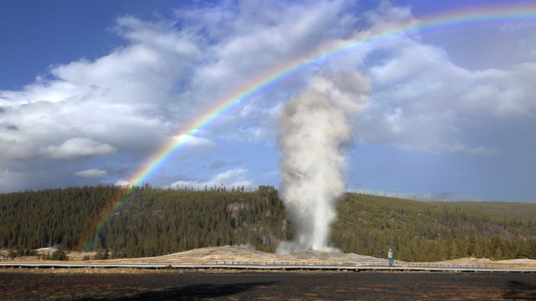 Yellowstone geyser with rainbow